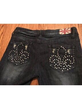 Machine Distressed Crystal Like Studded Womens Blue Jeans sz 31 X 34 SR1